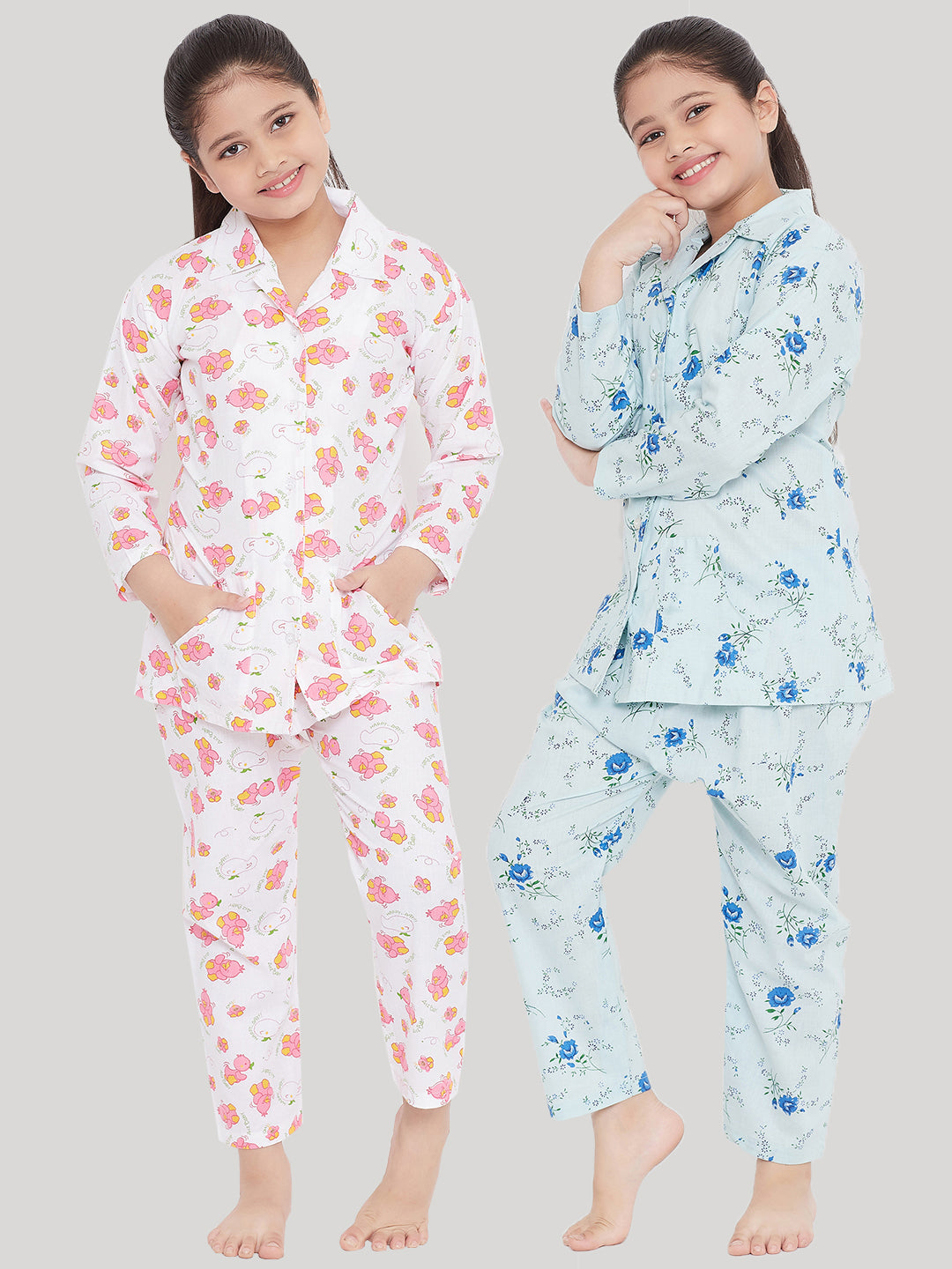 Girl's White & Blue Printed Rayon Nightsuit (Pack of 2) - NOZ2TOZ KIDS