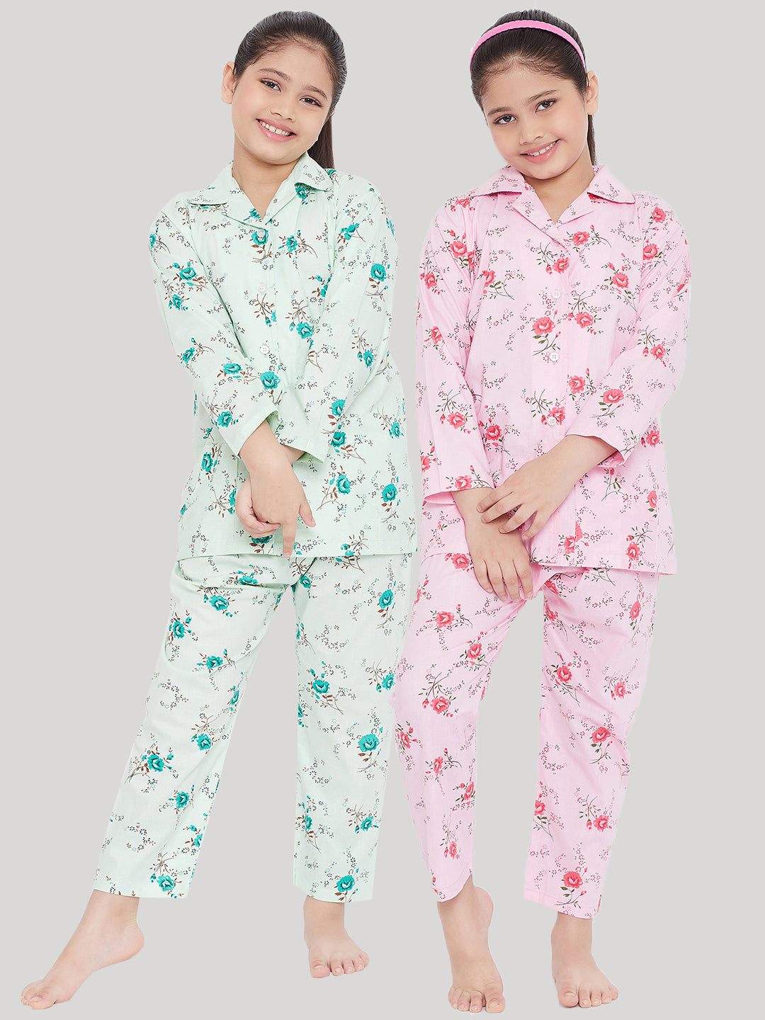 Girl's Green & Pink Printed Rayon Nightsuit (Pack of 2) - NOZ2TOZ KIDS