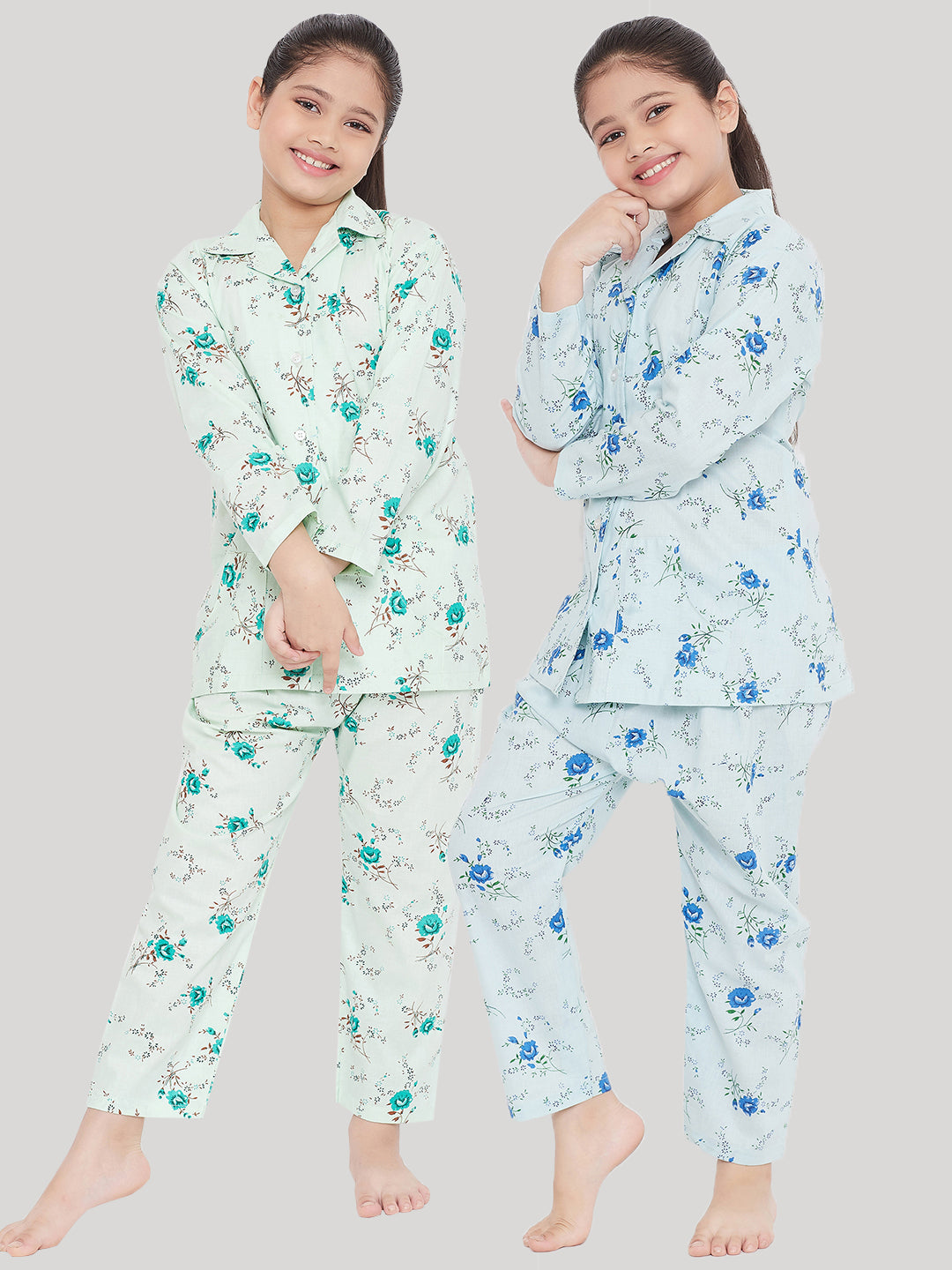 Girl's Green & Blue Printed Rayon Nightsuit (Pack of 2) - NOZ2TOZ KIDS