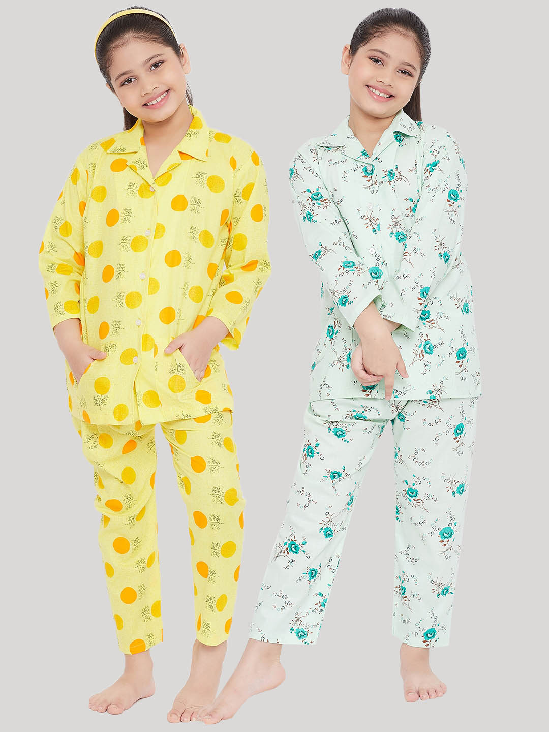 Girl's Yellow & Green Printed Rayon Nightsuit (Pack of 2) - NOZ2TOZ KIDS