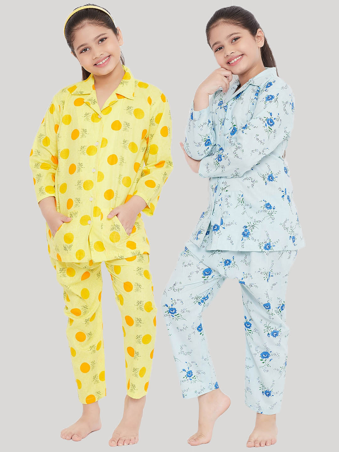 Girl's Yellow & Blue Printed Rayon Nightsuit (Pack of 2) - NOZ2TOZ KIDS