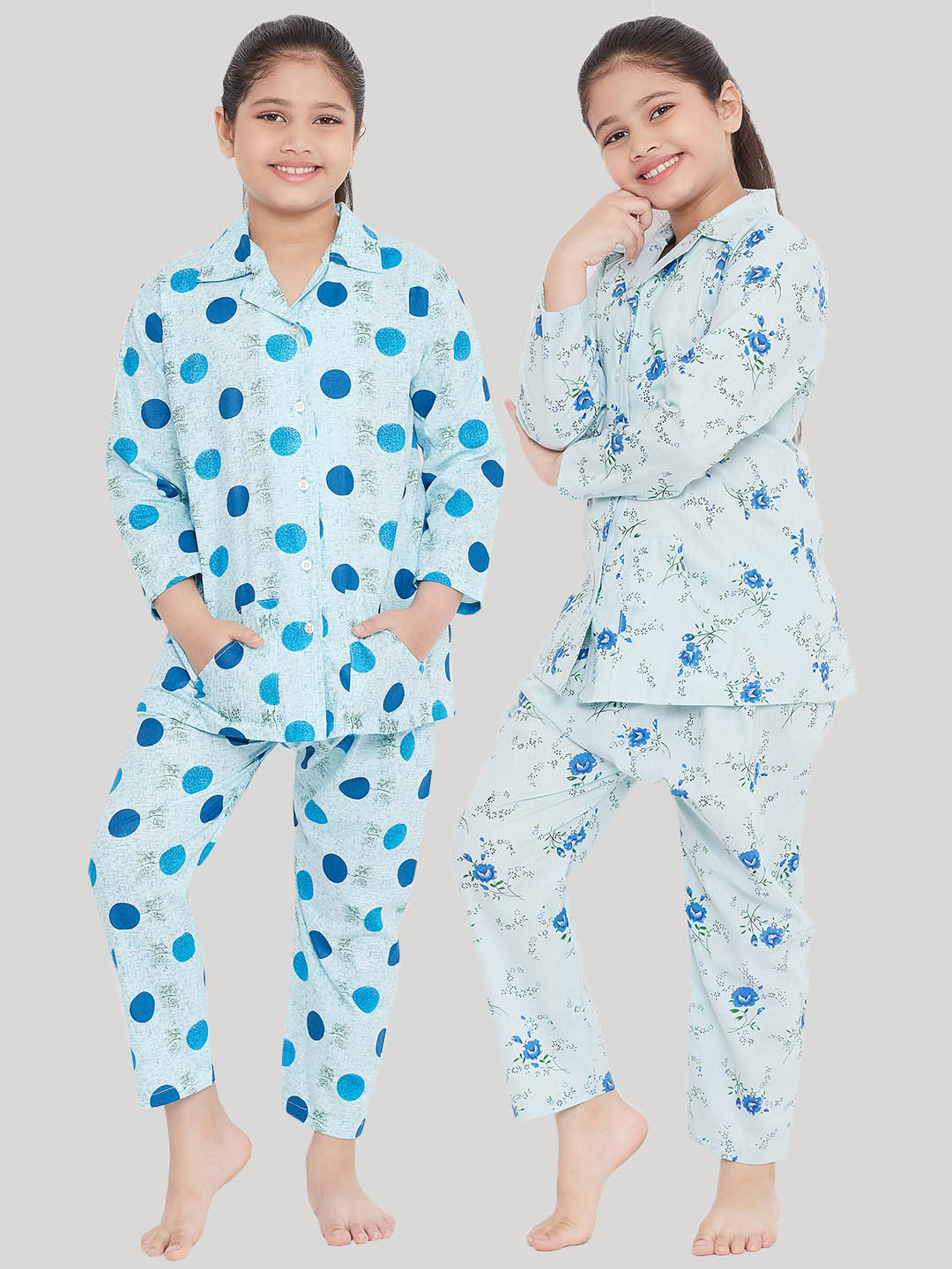 Girl's Blue & Blue Printed Rayon Nightsuit (Pack of 2) - NOZ2TOZ KIDS