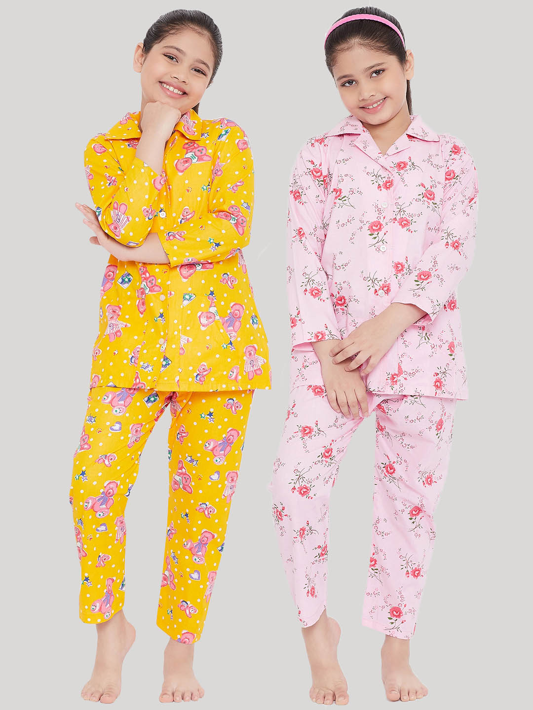 Girl's Mustard & Pink Printed Rayon Nightsuit (Pack of 2) - NOZ2TOZ KIDS