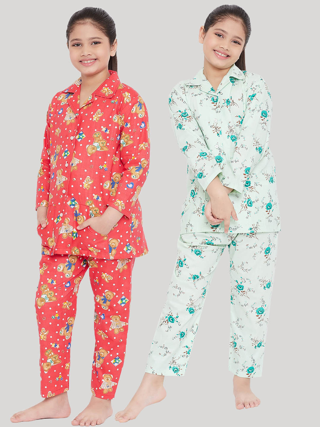 Girl's Red & Green Printed Rayon Nightsuit (Pack of 2) - NOZ2TOZ KIDS