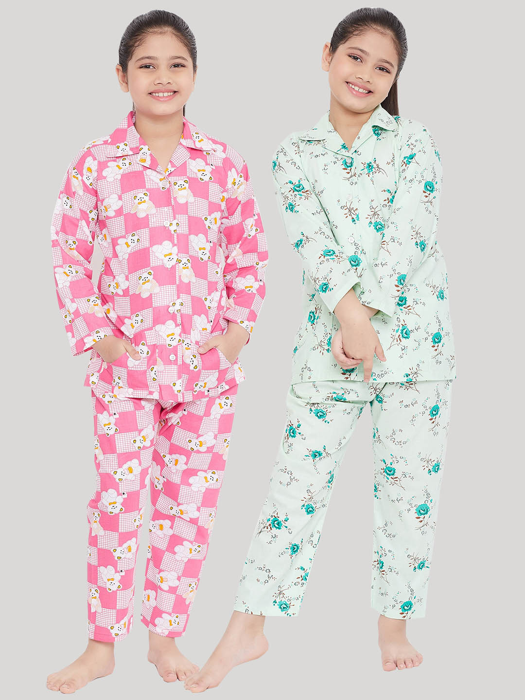 Girl's Pink & Green Printed Rayon Nightsuit (Pack of 2) - NOZ2TOZ KIDS