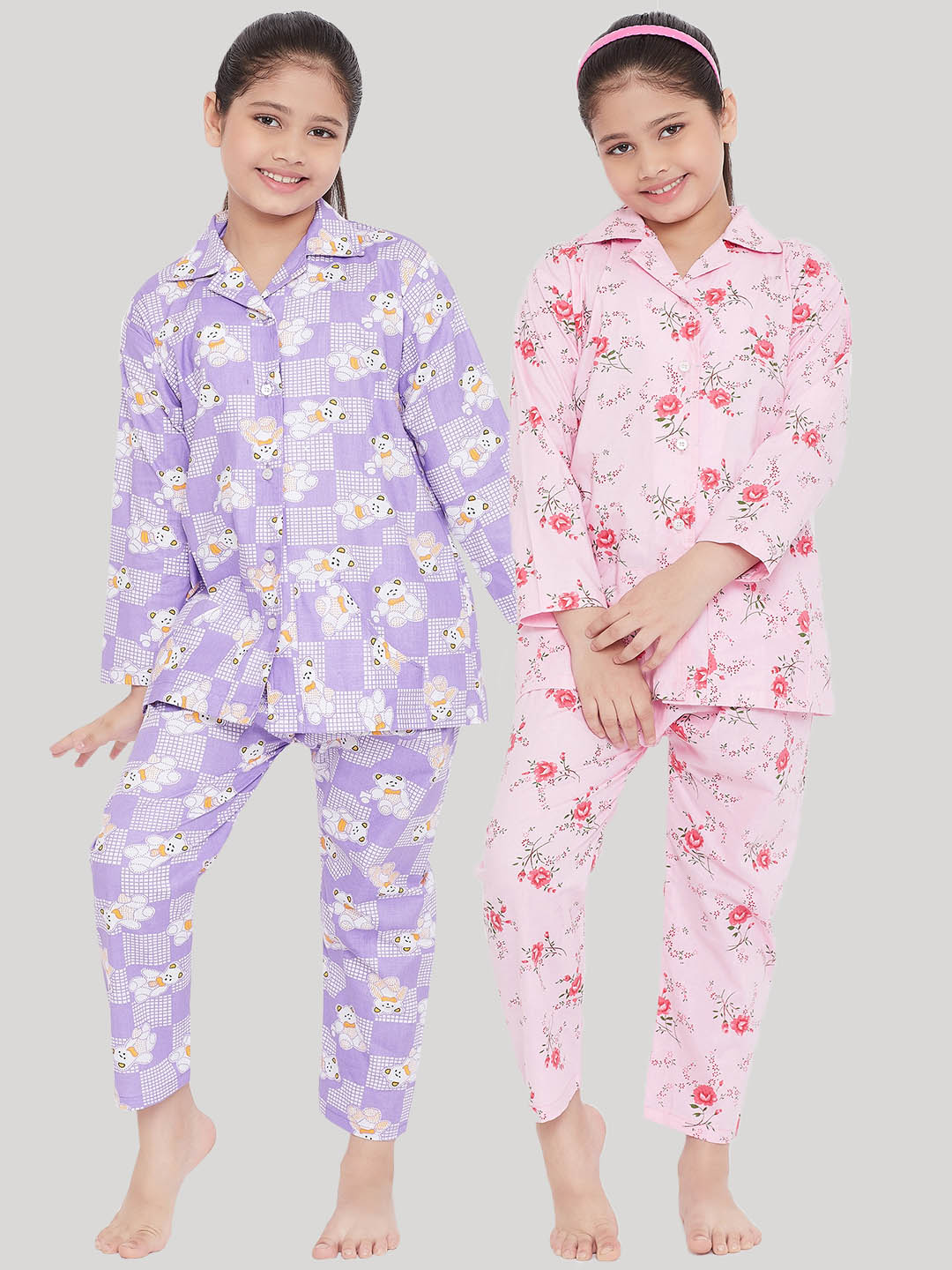 Girl's Purple & Pink Printed Rayon Nightsuit (Pack of 2) - NOZ2TOZ KIDS