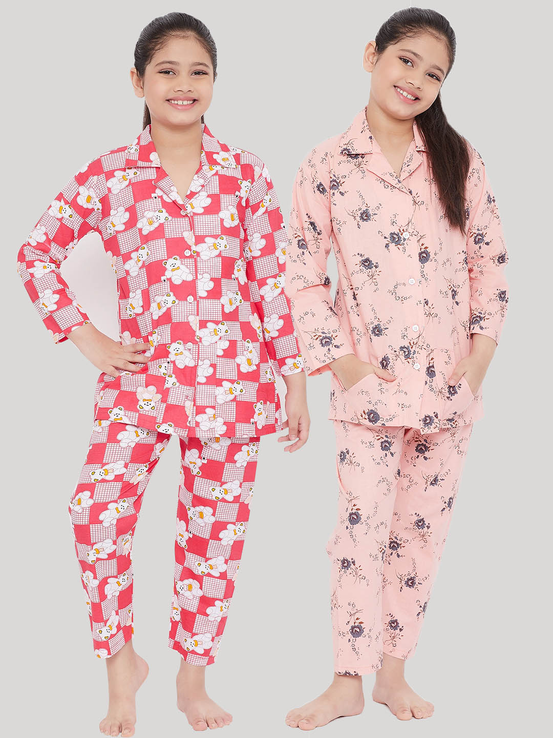 Girl's Red & Peach Printed Rayon Nightsuit (Pack of 2) - NOZ2TOZ KIDS