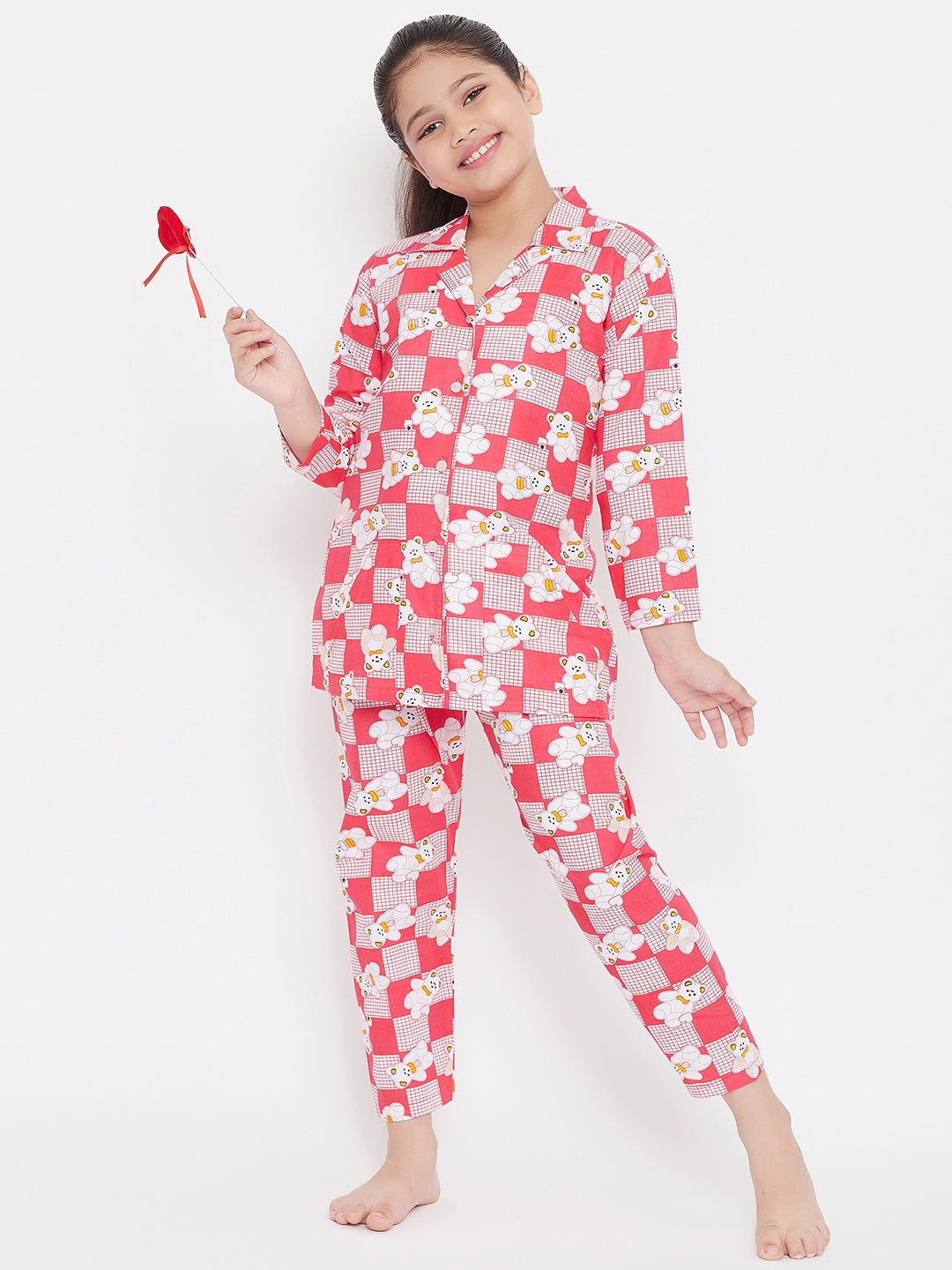 Girl's Red & Pink Printed Rayon Nightsuit (Pack of 2) - NOZ2TOZ KIDS