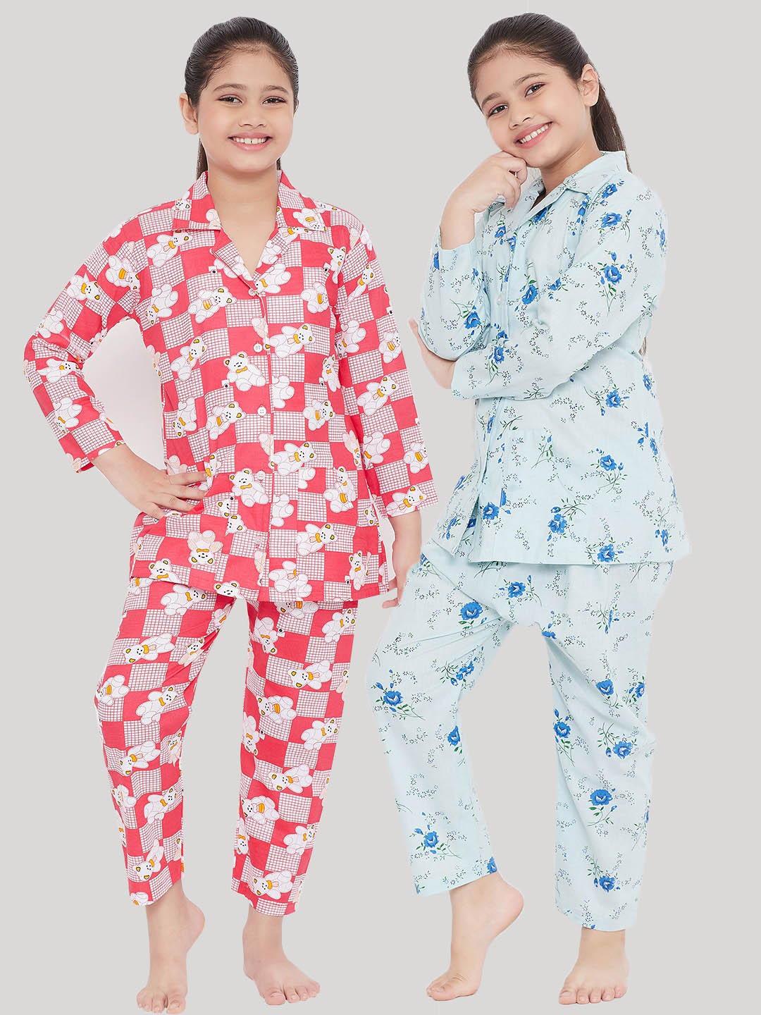 Girl's Red & Blue Printed Rayon Nightsuit (Pack of 2) - NOZ2TOZ KIDS