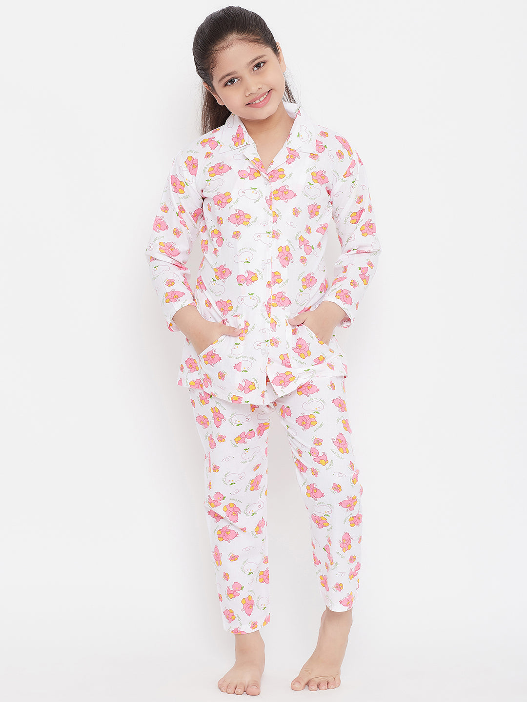 Girl's White & Peach Printed Rayon Nightsuit (Pack of 2) - NOZ2TOZ KIDS