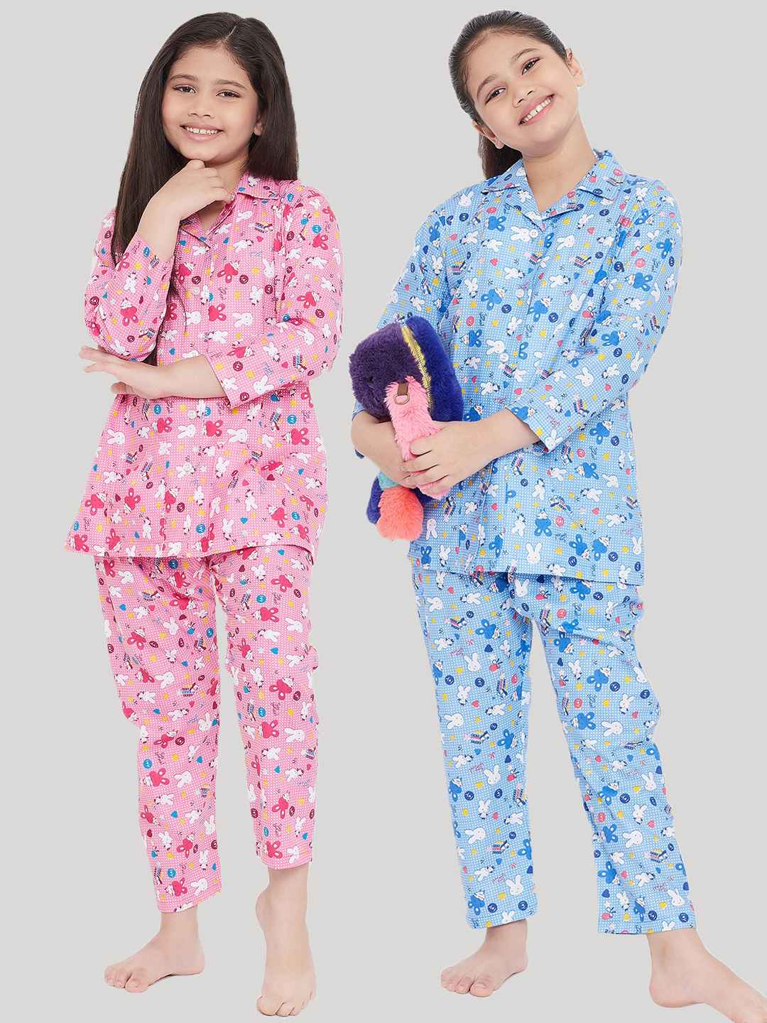 Girl's Pink & Turquoise Printed Rayon Nightsuit (Pack of 2) - NOZ2TOZ KIDS
