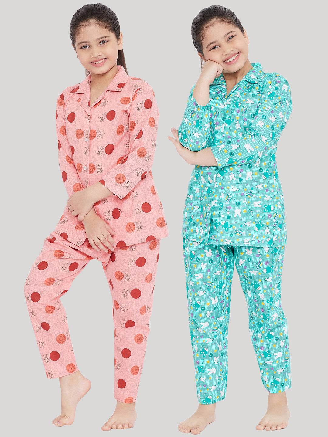 Girl's Peach & Turquoise Printed Rayon Nightsuit (Pack of 2) - NOZ2TOZ KIDS