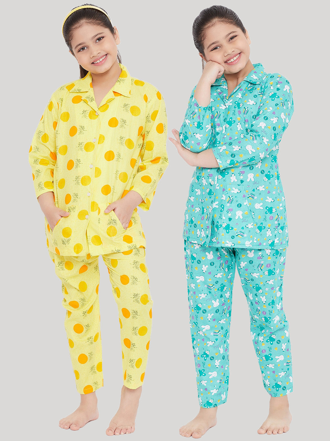 Girl's Yellow & Turquoise Printed Rayon Nightsuit (Pack of 2) - NOZ2TOZ KIDS