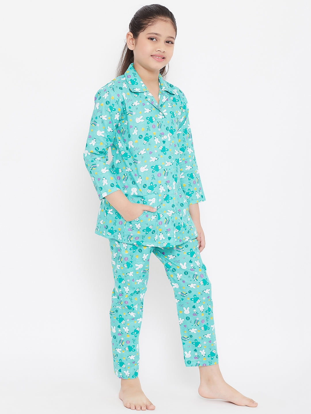 Girl's Yellow & Turquoise Printed Rayon Nightsuit (Pack of 2) - NOZ2TOZ KIDS