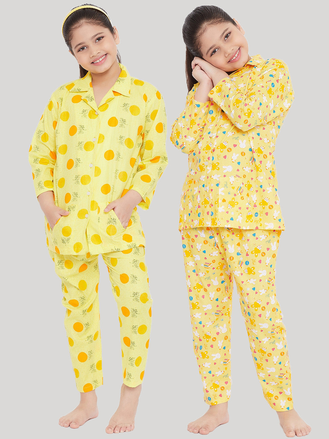 Girl's Yellow & Yellow Printed Rayon Nightsuit (Pack of 2) - NOZ2TOZ KIDS