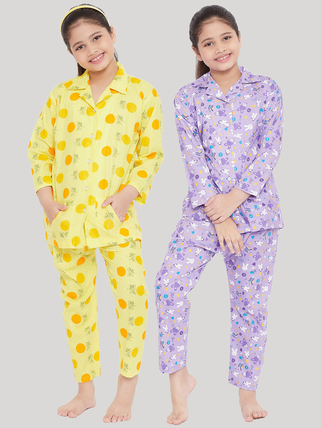 Girl's Yellow & Purple Printed Rayon Nightsuit (Pack of 2) - NOZ2TOZ KIDS