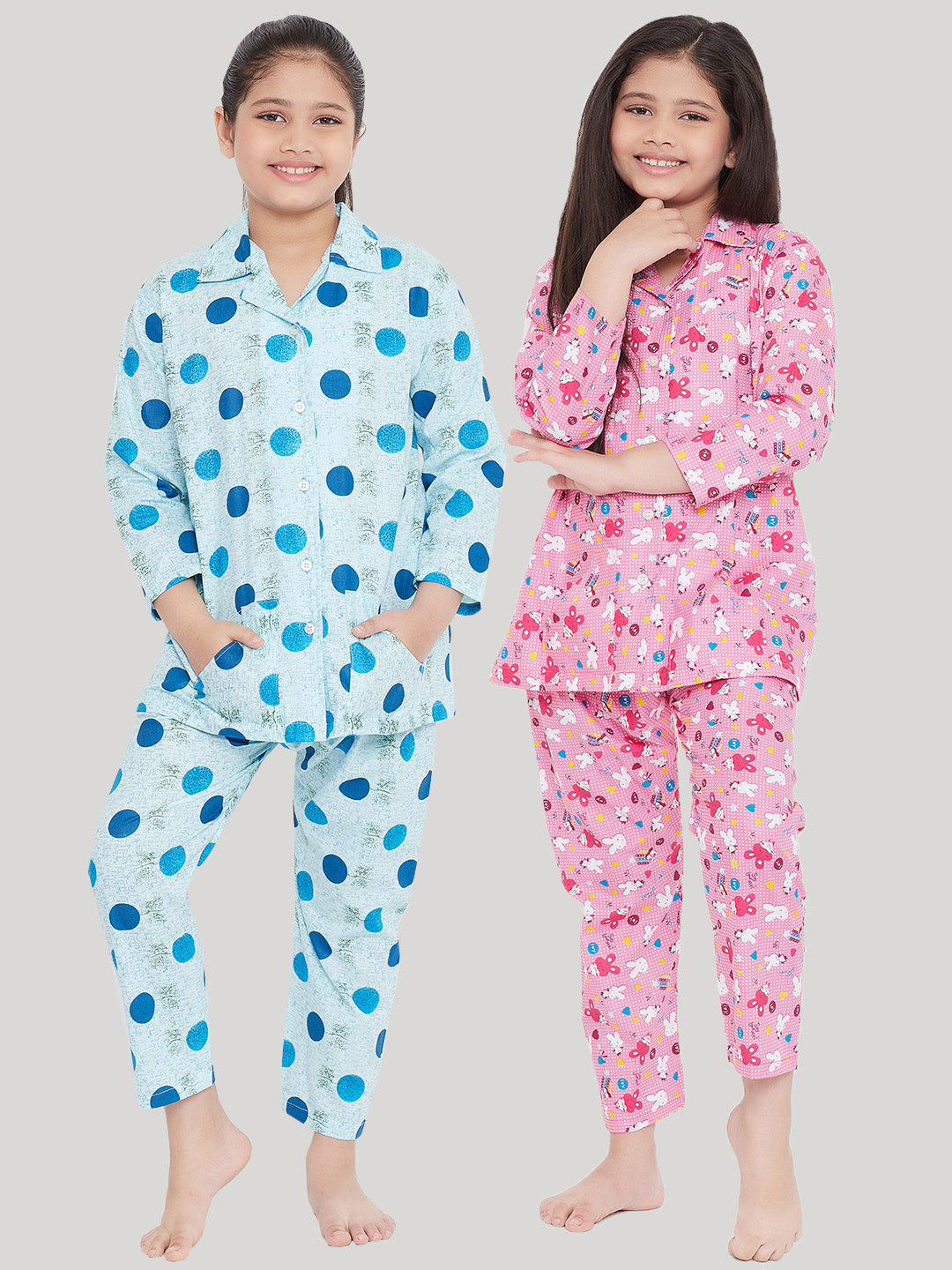 Girl's Blue & Pink Printed Rayon Nightsuit (Pack of 2) - NOZ2TOZ KIDS