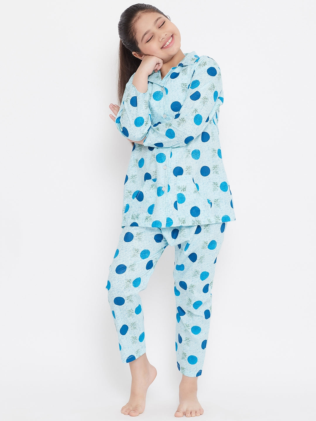 Girl's Blue & Blue Printed Rayon Nightsuit (Pack of 2) - NOZ2TOZ KIDS