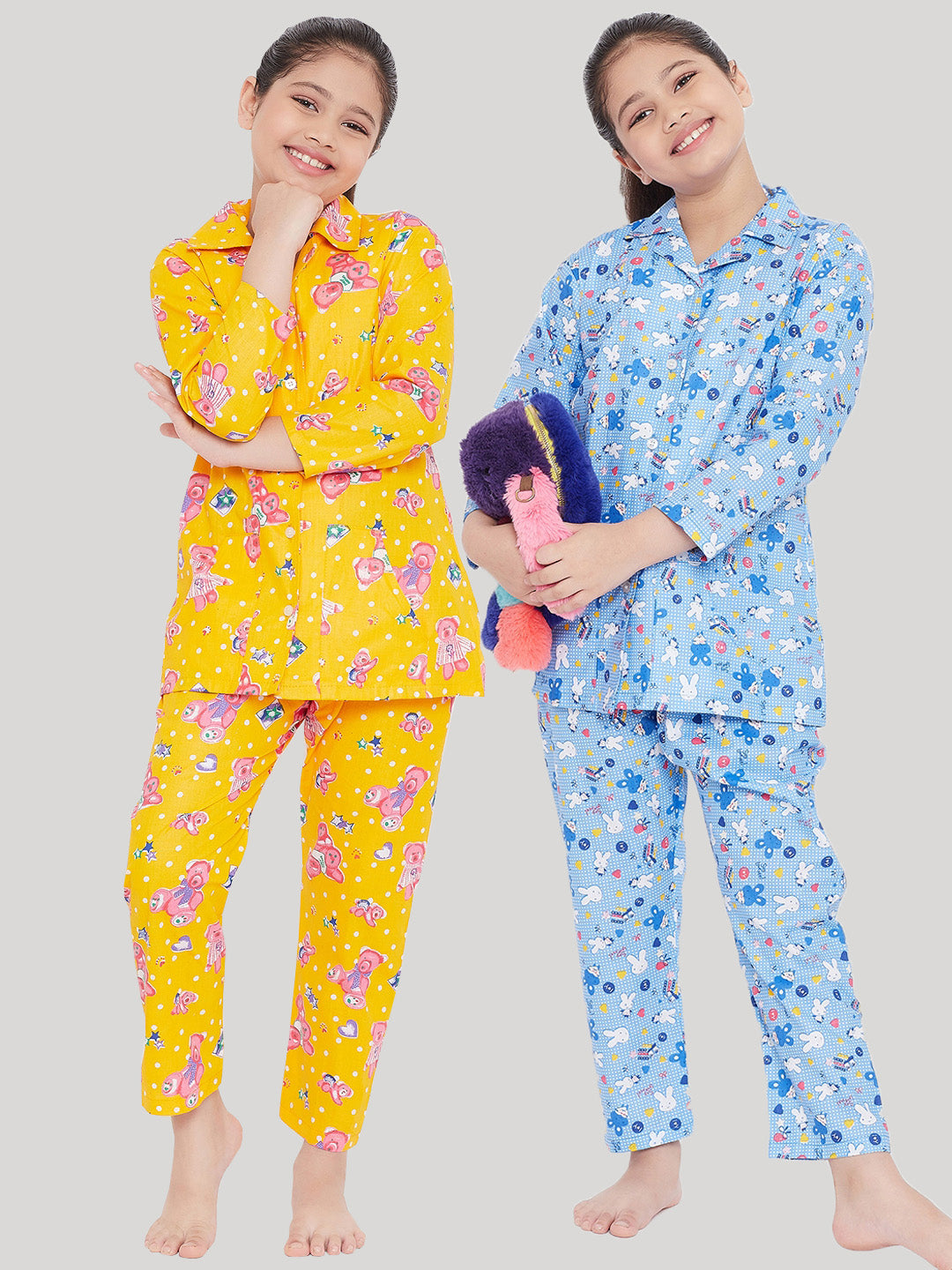 Girl's Mustard & Blue Printed Rayon Nightsuit (Pack of 2) - NOZ2TOZ KIDS