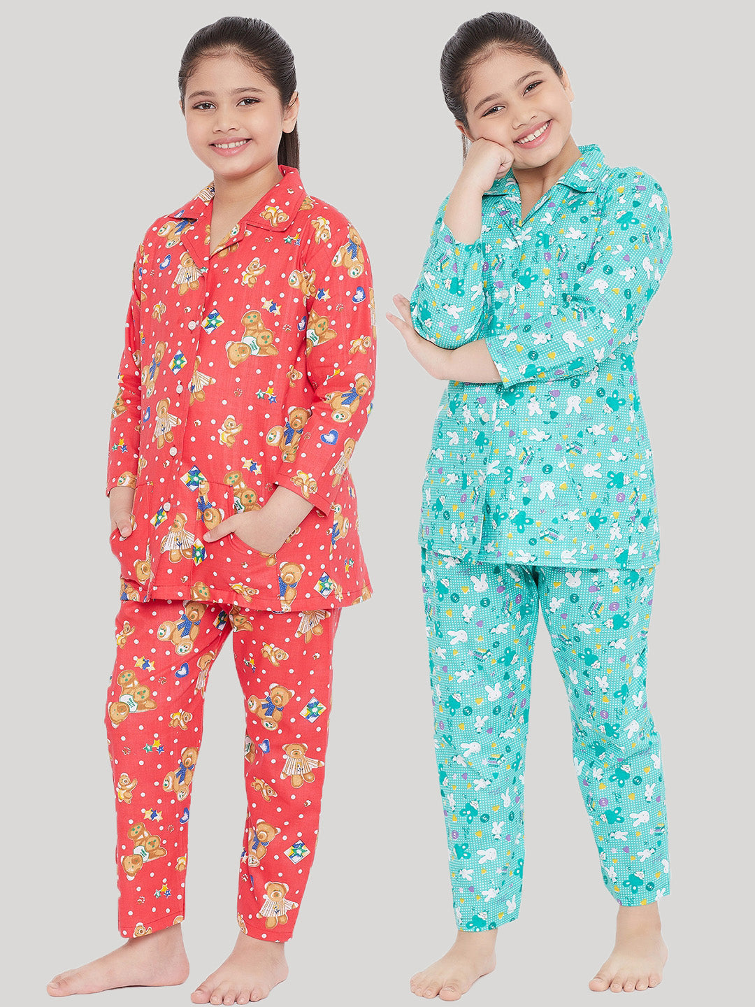 Girl's Peach & Turquoise Printed Rayon Nightsuit (Pack of 2) - NOZ2TOZ KIDS