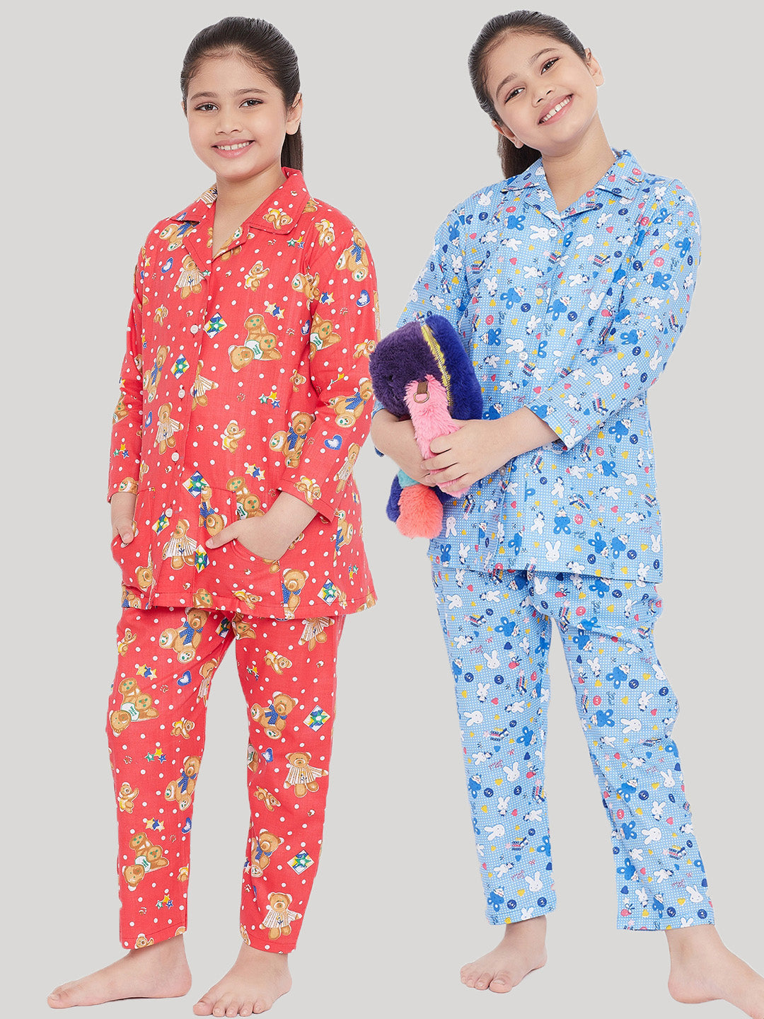 Girl's Peach & Blue Printed Rayon Nightsuit (Pack of 2) - NOZ2TOZ KIDS