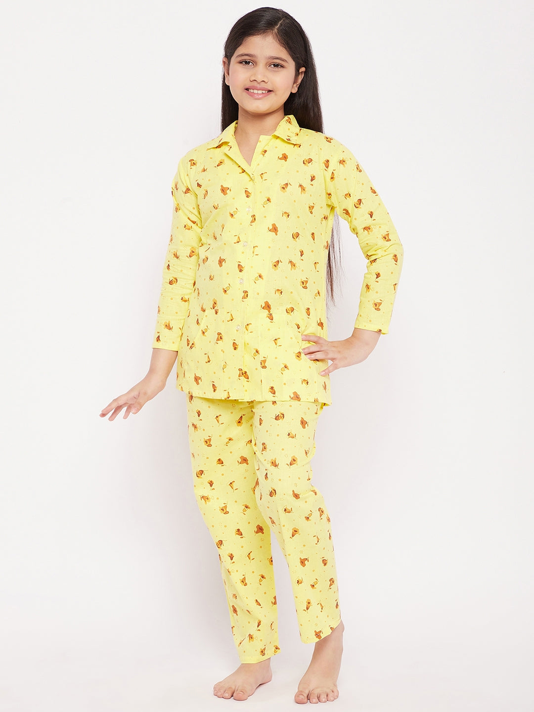 Girl's Yellow Flower Print Cotton Nightsuit  - NOZ2TOZ KIDS