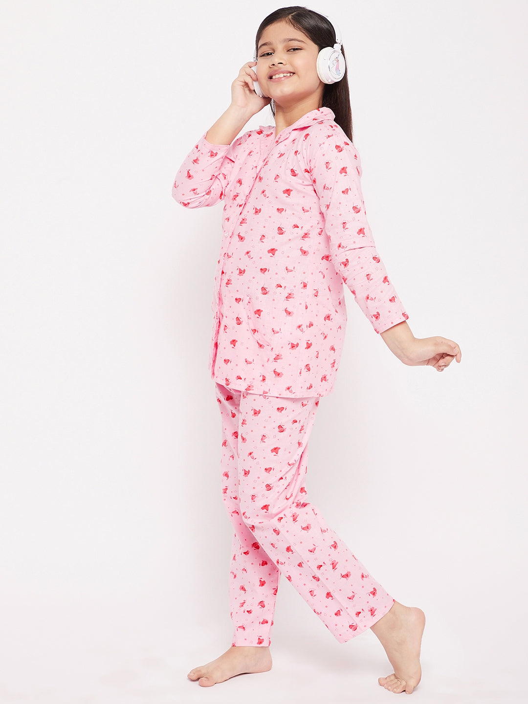 Girl's Pink Flower Print Cotton Nightsuit  - NOZ2TOZ KIDS