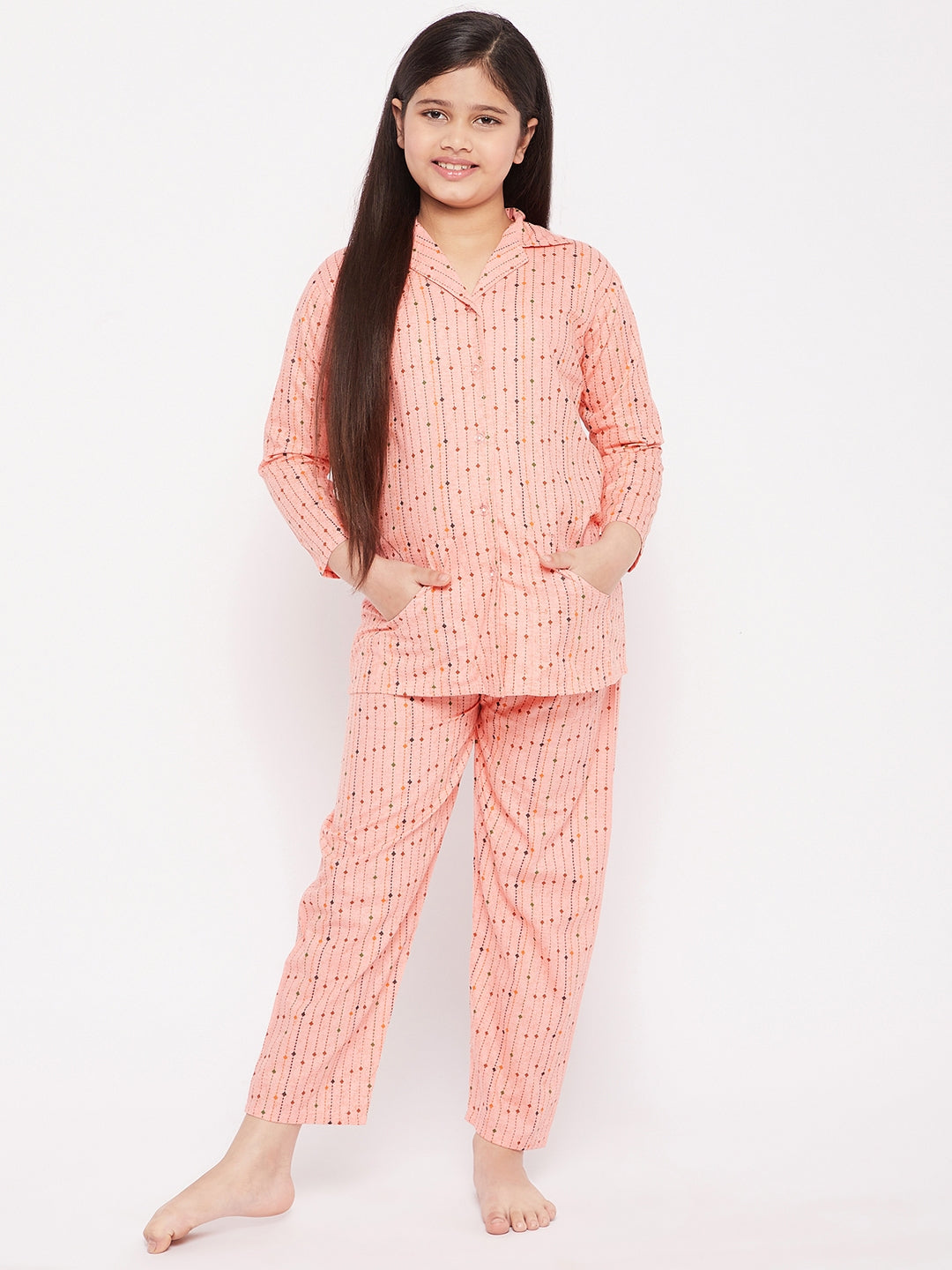 Girl's Pink Printed Cotton Nightsuit  - NOZ2TOZ KIDS