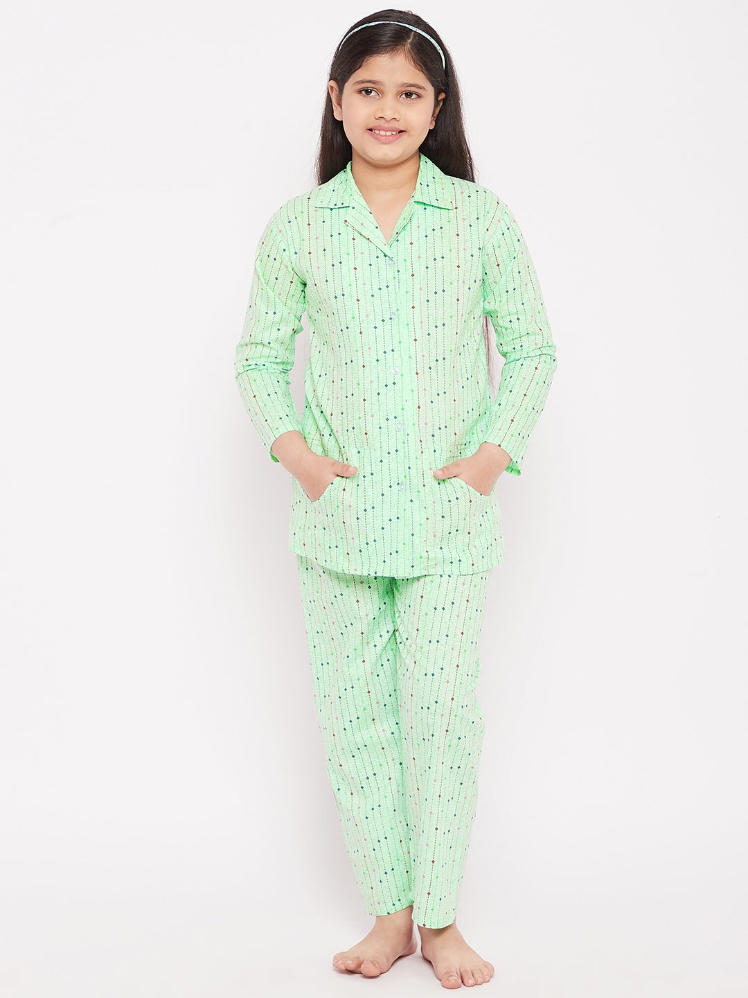 Girl's Sea Green Printed Cotton Nightsuit  - NOZ2TOZ KIDS