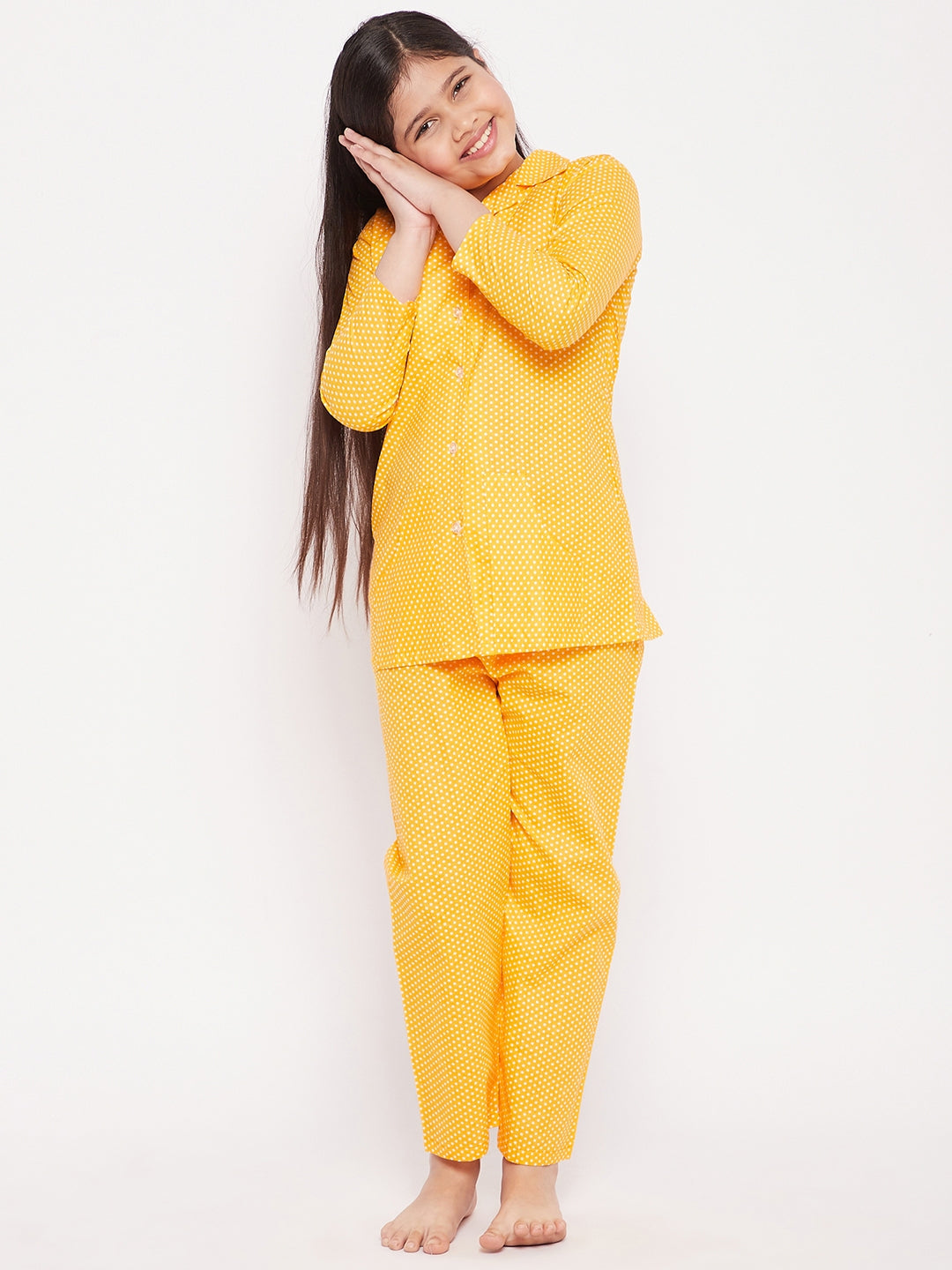 Girl's Mustard Polka Dot Cotton Nightsuit  - NOZ2TOZ KIDS