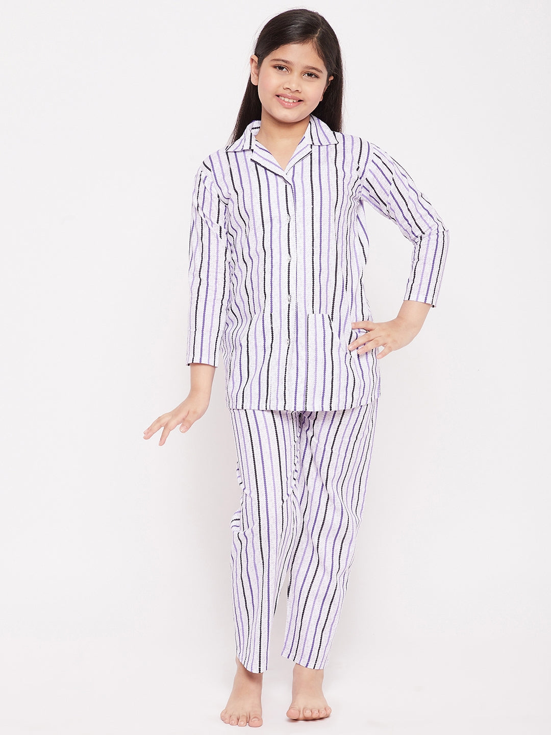 Girl's Purple Striped Cotton Nightsuit  - NOZ2TOZ KIDS