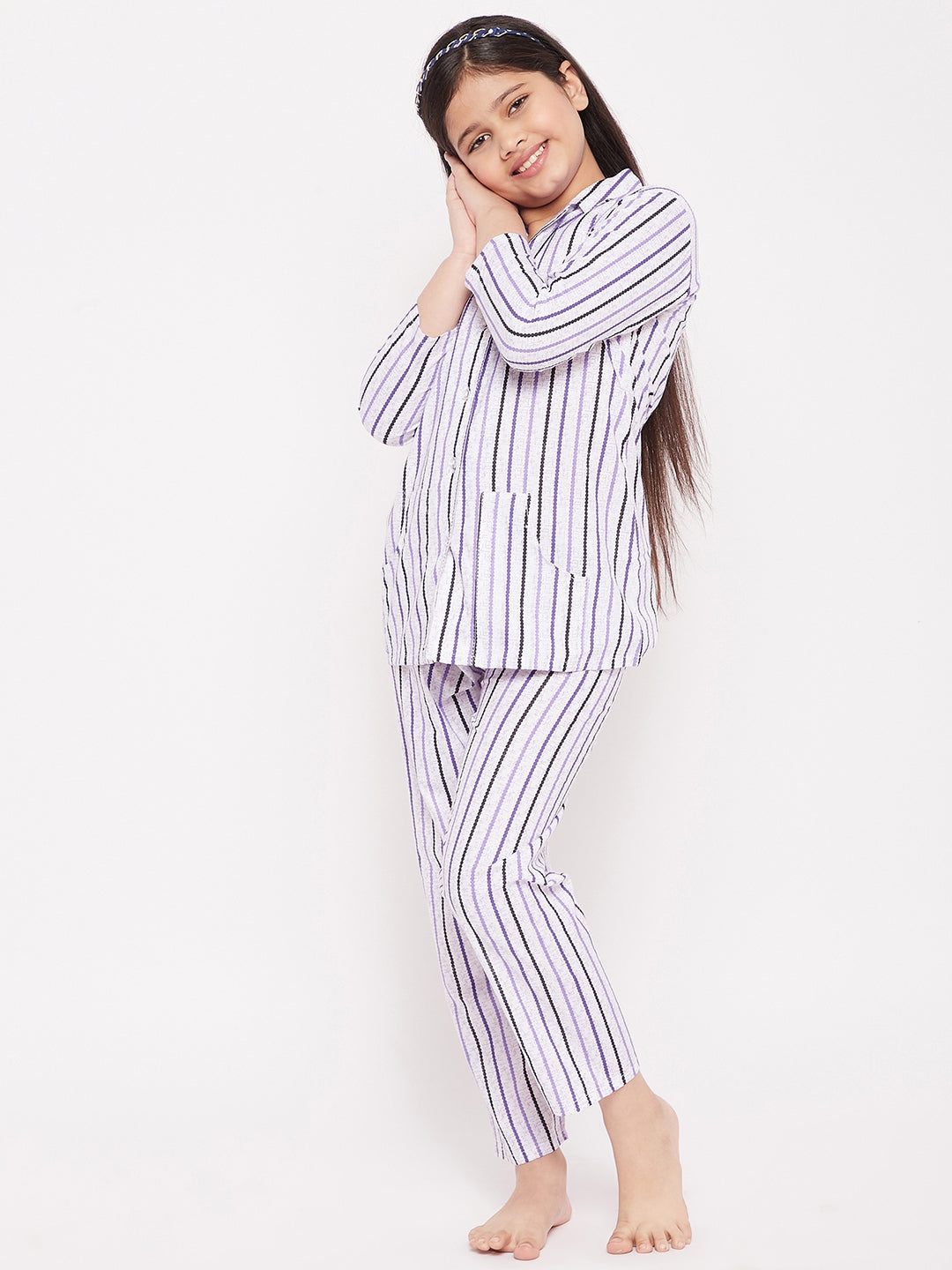 Girl's Purple Striped Cotton Nightsuit  - NOZ2TOZ KIDS