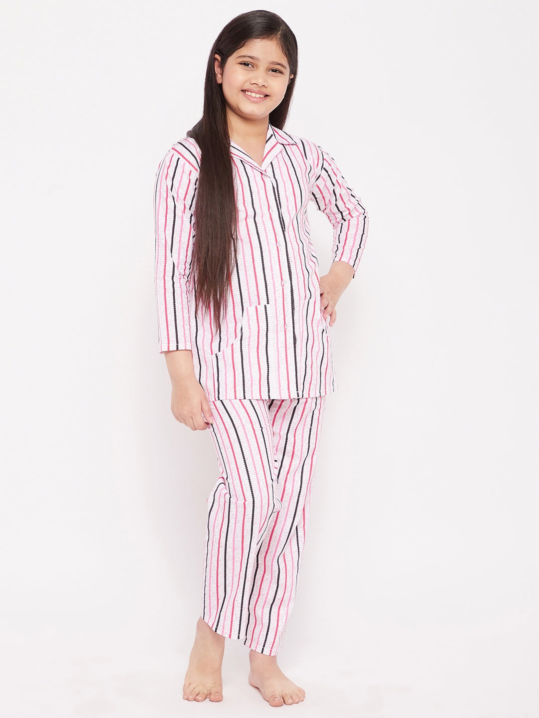 Girl's Pink Striped Cotton Nightsuit  - NOZ2TOZ KIDS