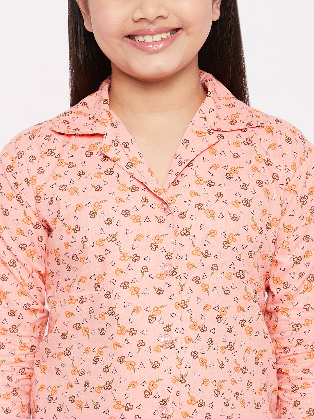 Girl's Peach Floral Print Cotton Nightsuit  - NOZ2TOZ KIDS
