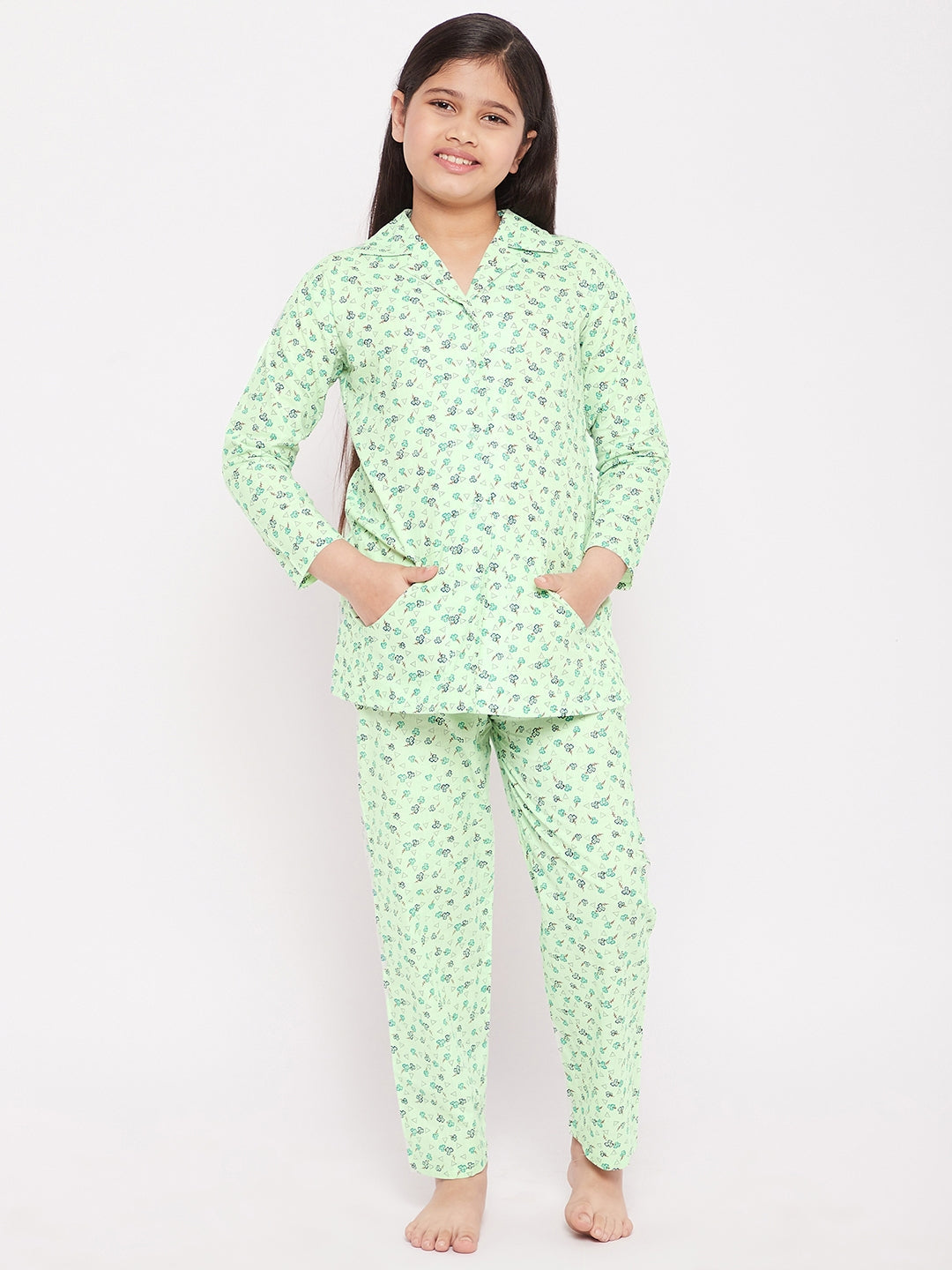 Girl's Sea Green Floral Print Cotton Nightsuit - NOZ2TOZ KIDS