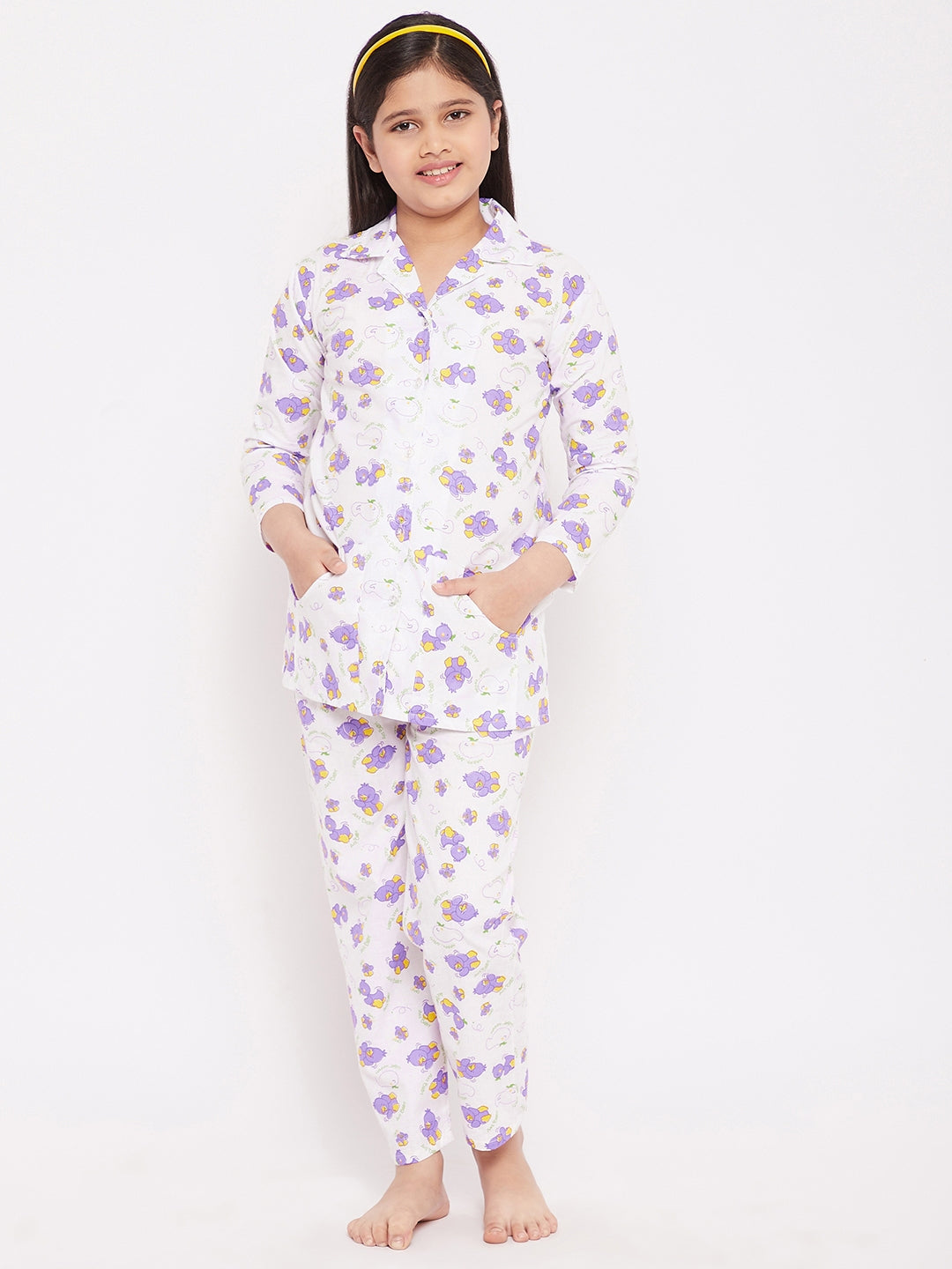 Girl's Purple Duck Print Cotton Nightsuit - NOZ2TOZ KIDS