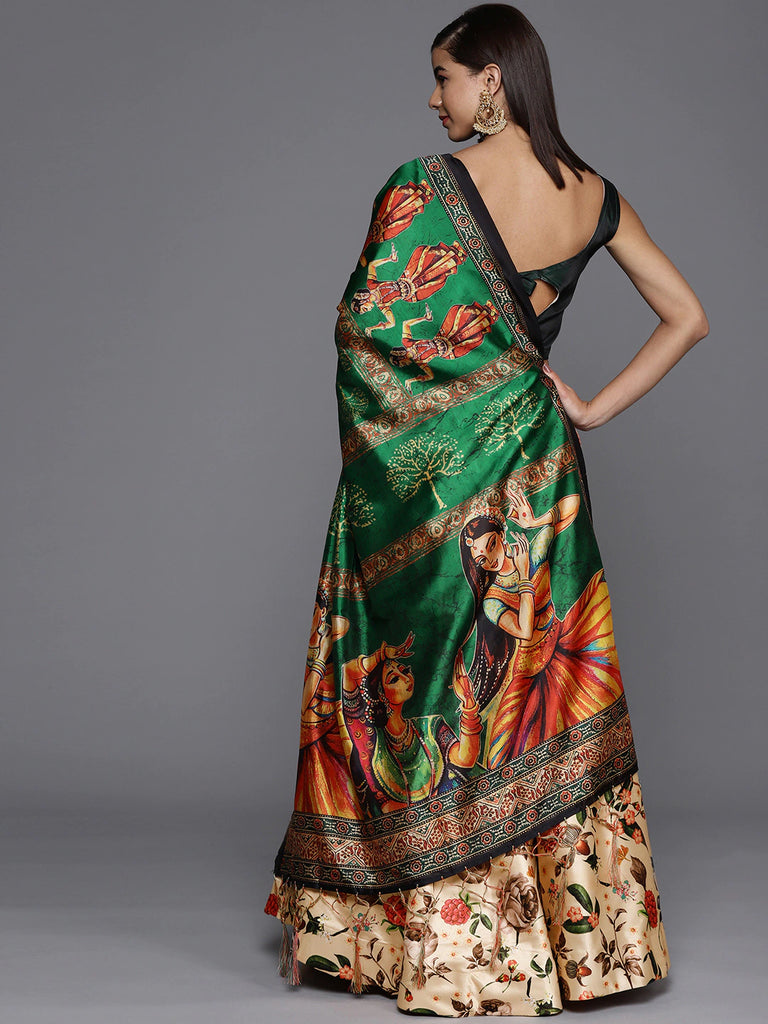 Women's Digital Print Shiney Satin Semistitched Lehenga Choli With Unstitched Blouse And Thred Work Dupatta