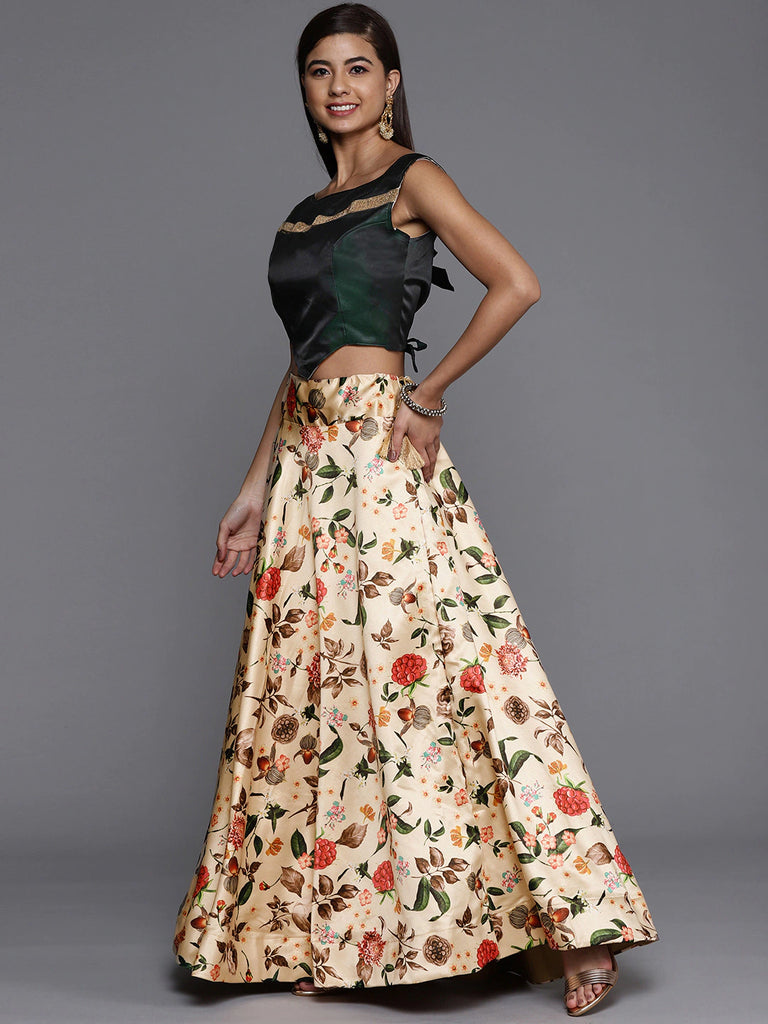 Women's Digital Print Shiney Satin Semistitched Lehenga Choli With Unstitched Blouse And Thred Work Dupatta