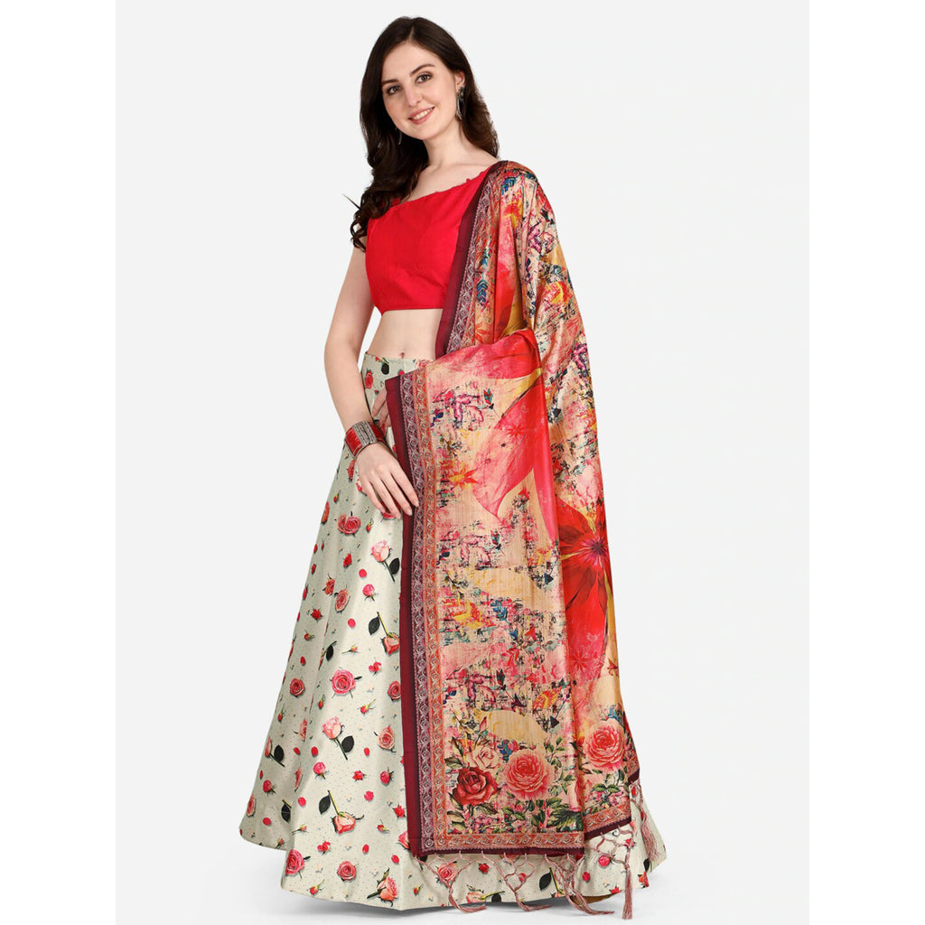Women's Digital Print Shiney Satin Semistitched Lehenga Choli With Unstitched Blouse And Thred Work Dupatta