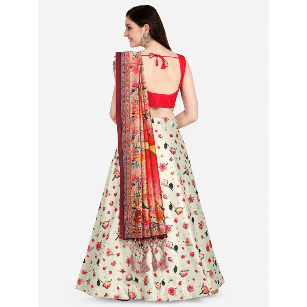 Women's Digital Print Shiney Satin Semistitched Lehenga Choli With Unstitched Blouse And Thred Work Dupatta