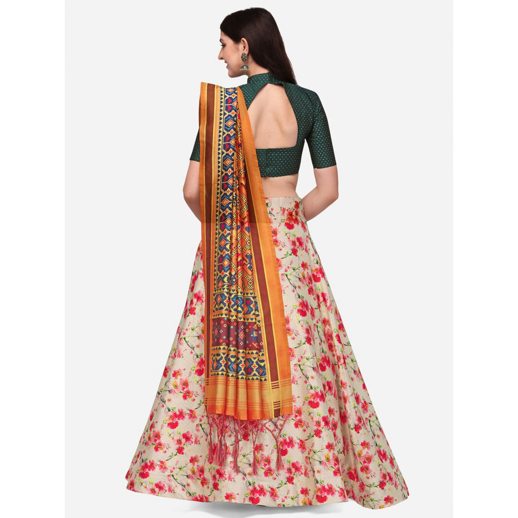 Women's Digital Print Shiney Satin Semistitched Lehenga Choli With Unstitched Blouse And Thred Work Dupatta