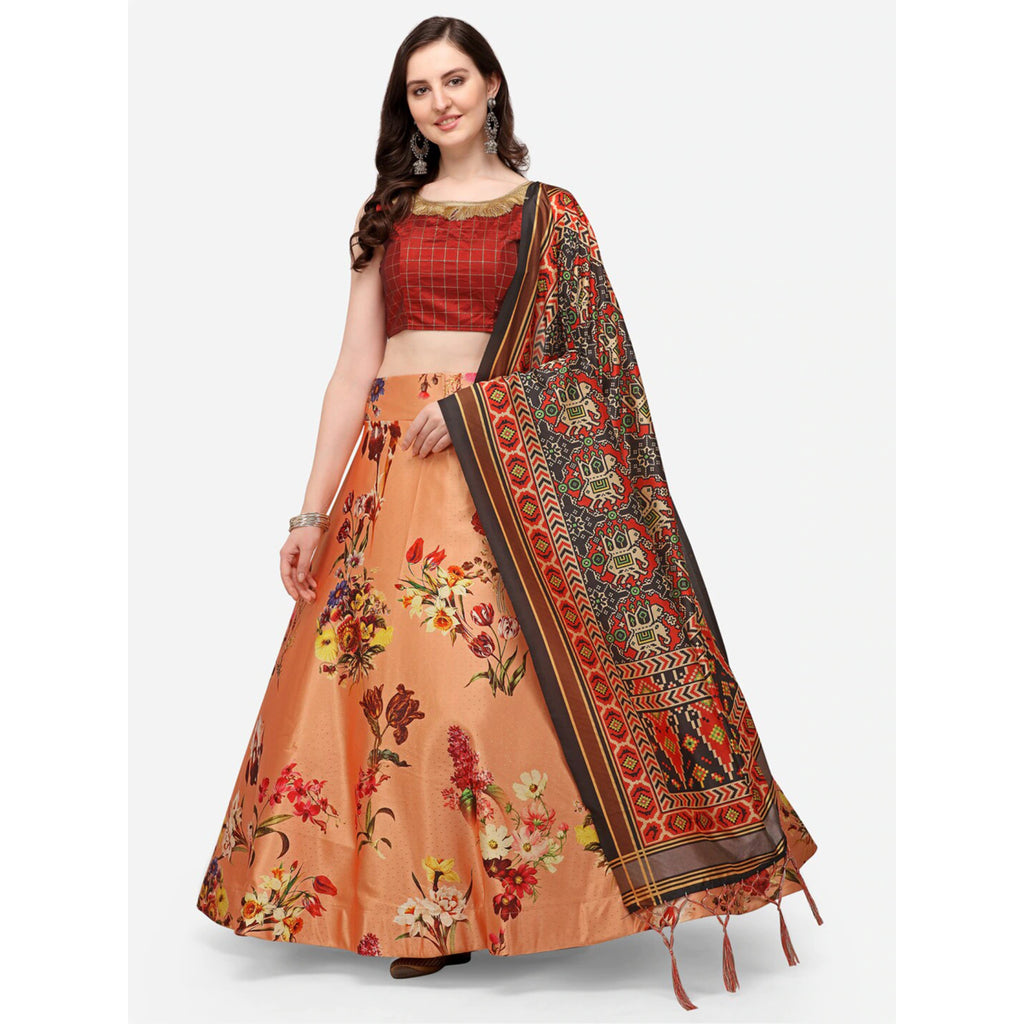 Women's Digital Print Shiney Satin Semistitched Lehenga Choli With Unstitched Blouse And Thred Work Dupatta