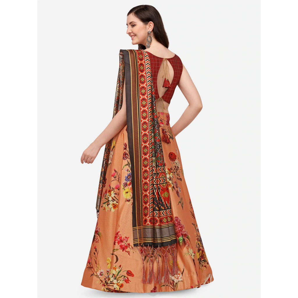 Women's Digital Print Shiney Satin Semistitched Lehenga Choli With Unstitched Blouse And Thred Work Dupatta