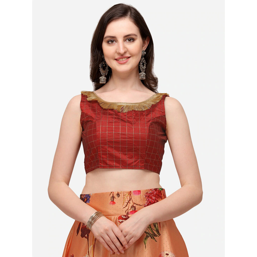 Women's Digital Print Shiney Satin Semistitched Lehenga Choli With Unstitched Blouse And Thred Work Dupatta