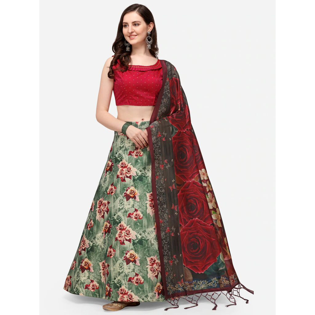 Women's Digital Print Shiney Satin Semistitched Lehenga Choli With Unstitched Blouse And Thred Work Dupatta
