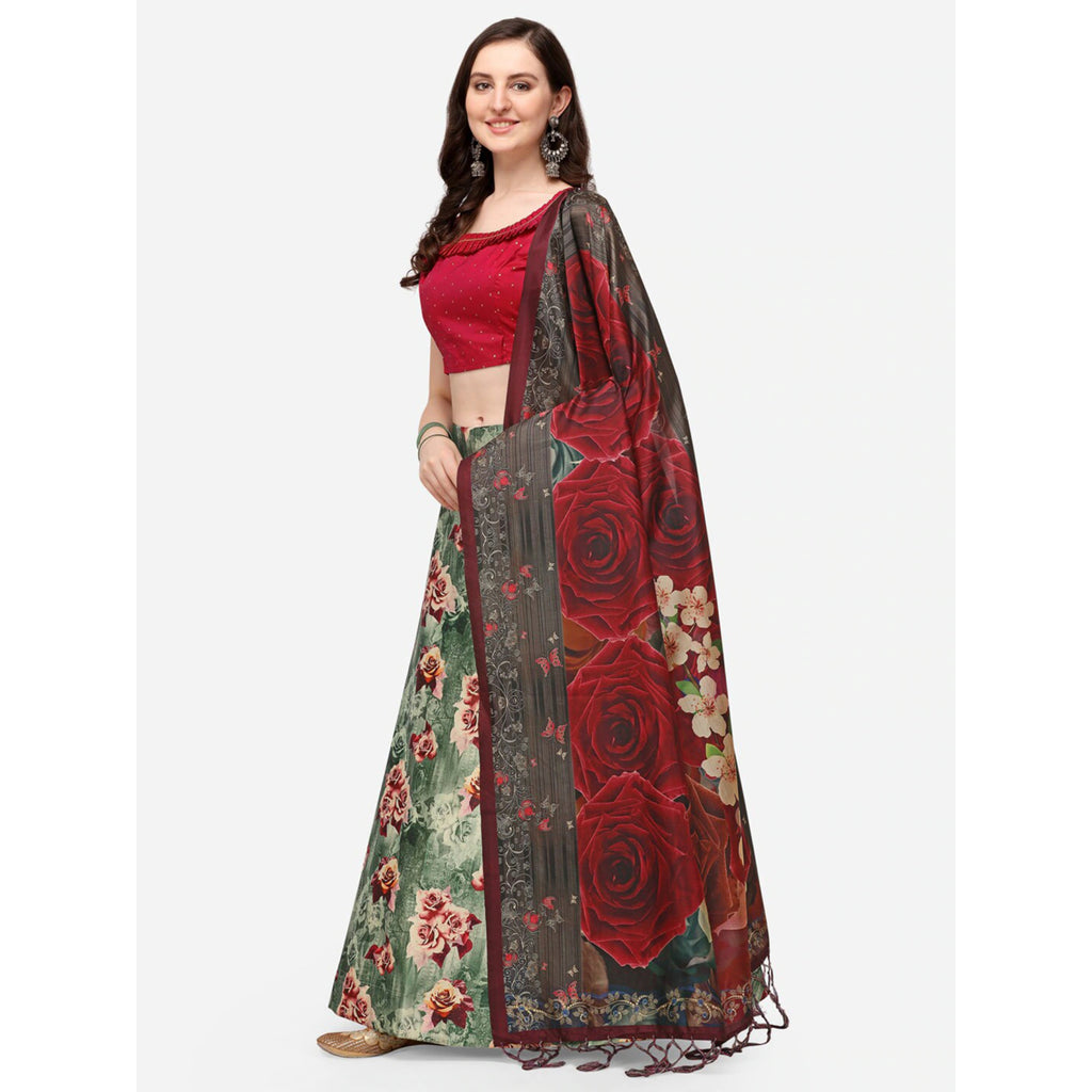 Women's Digital Print Shiney Satin Semistitched Lehenga Choli With Unstitched Blouse And Thred Work Dupatta