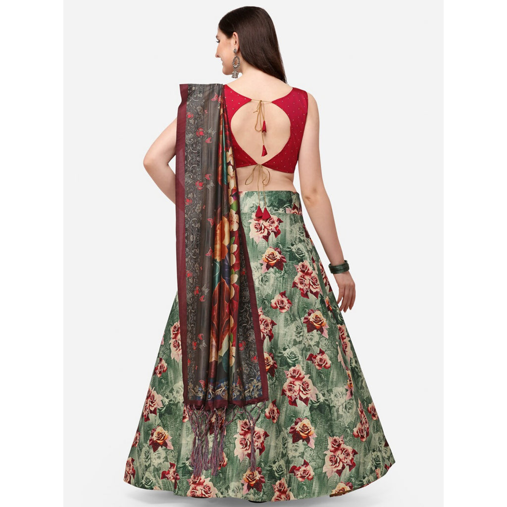 Women's Digital Print Shiney Satin Semistitched Lehenga Choli With Unstitched Blouse And Thred Work Dupatta