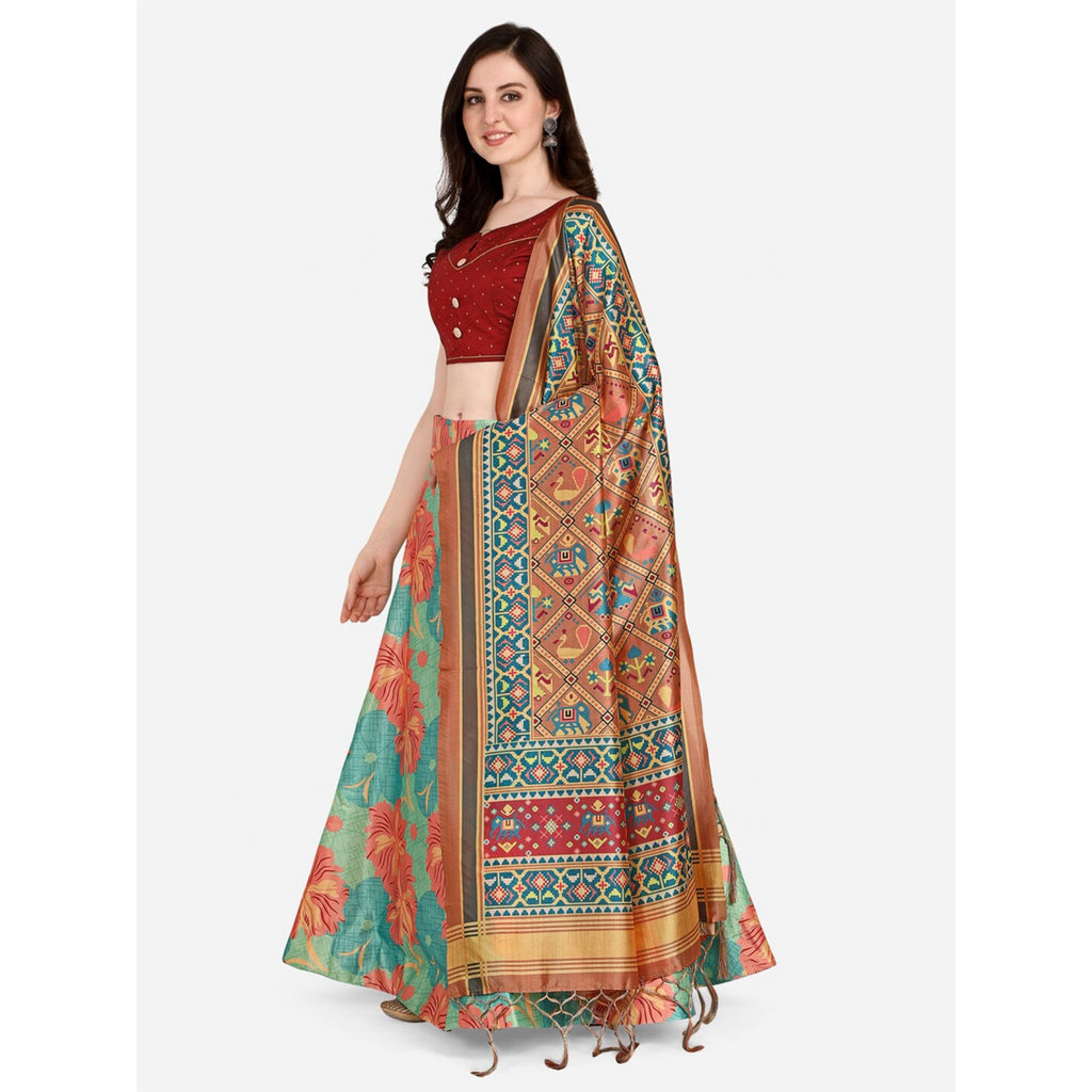 Women's Digital Print Shiney Satin Semistitched Lehenga Choli With Unstitched Blouse And Thred Work Dupatta