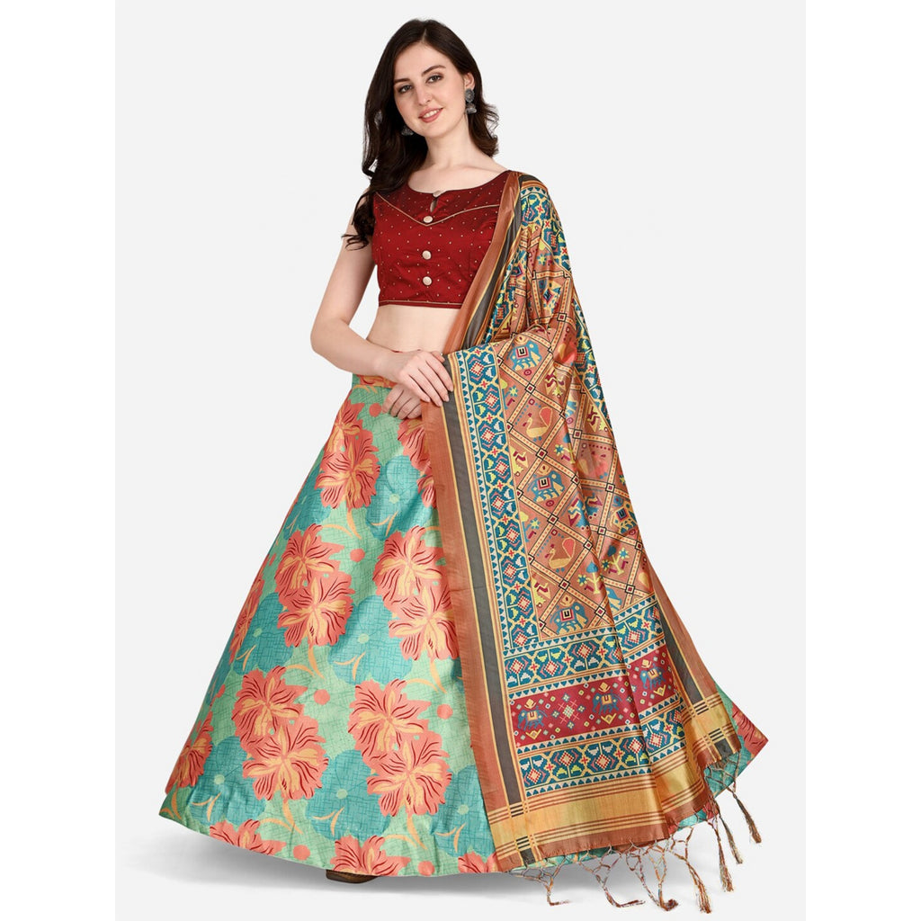 Women's Digital Print Shiney Satin Semistitched Lehenga Choli With Unstitched Blouse And Thred Work Dupatta