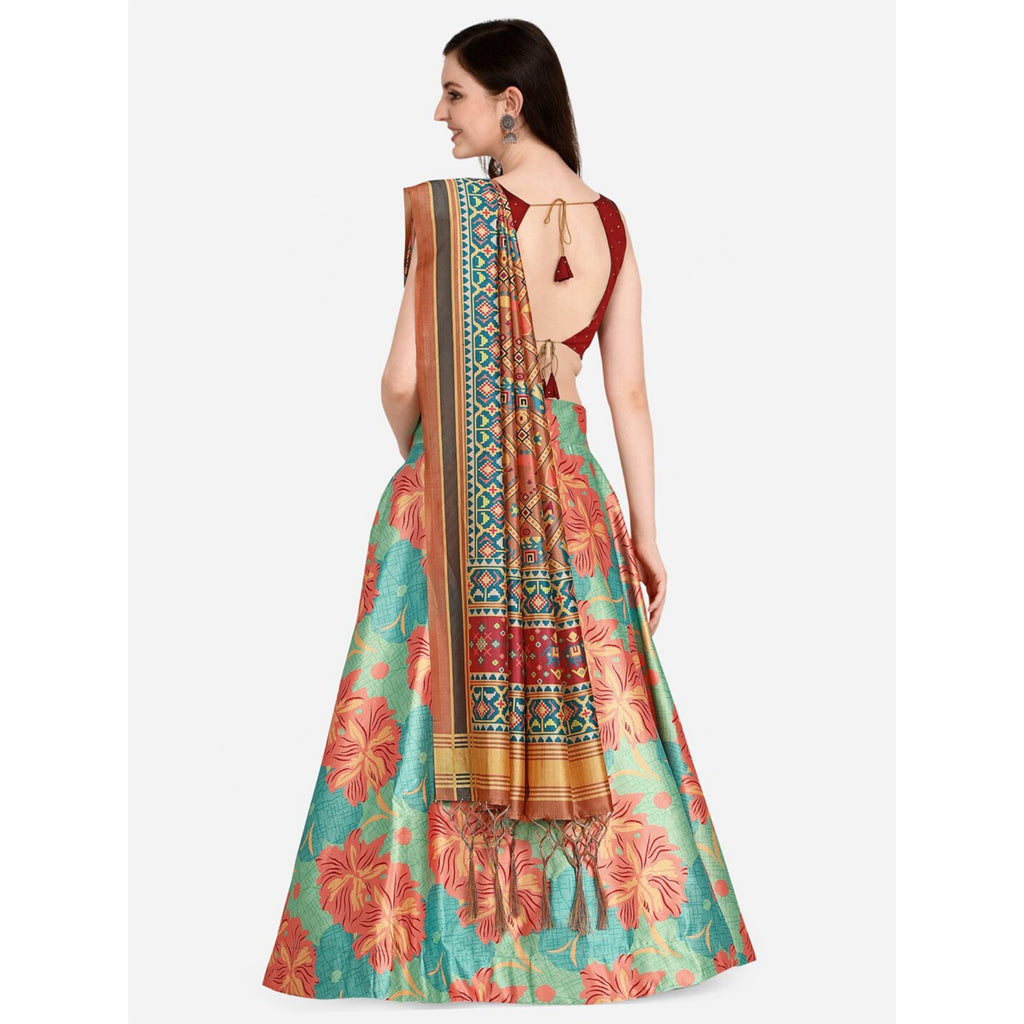 Women's Digital Print Shiney Satin Semistitched Lehenga Choli With Unstitched Blouse And Thred Work Dupatta